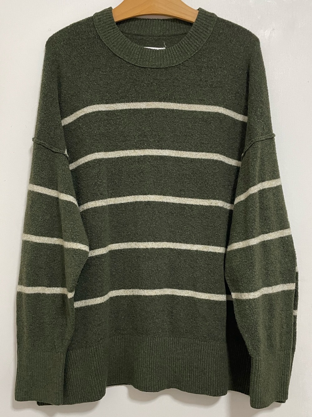 Aerie Olive Green Striped Oversized Sweater XL Cream Stripe Cozy Granola Girl